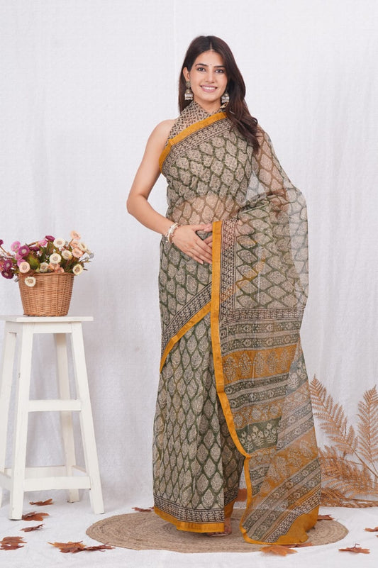 Handwoven Kota Doriya Saree with Dabu Printing