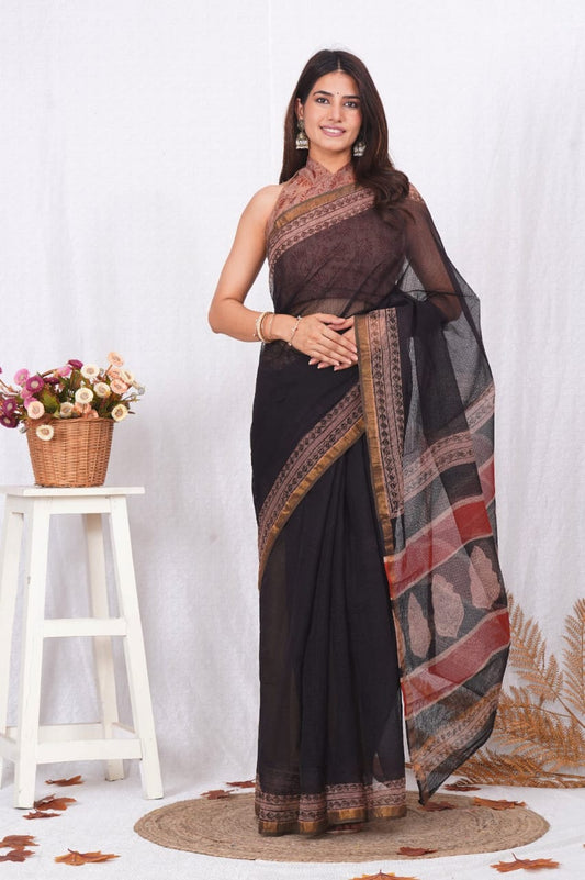 Vibrant Kota Doriya Saree with Dabu Handprint