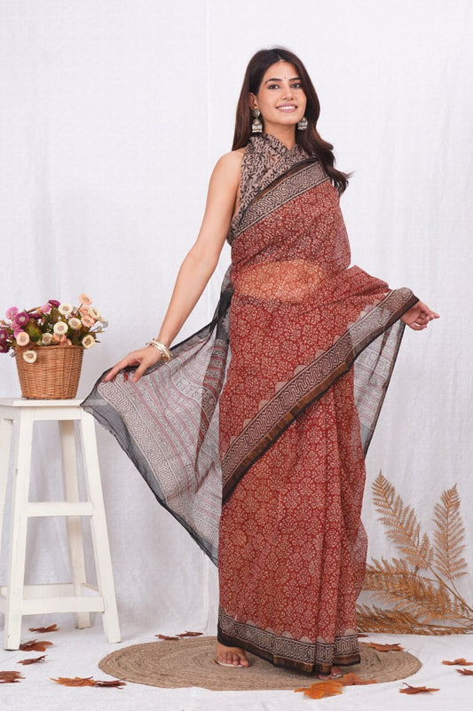 Ethnic Kota Doriya Saree with Bagru Block Work