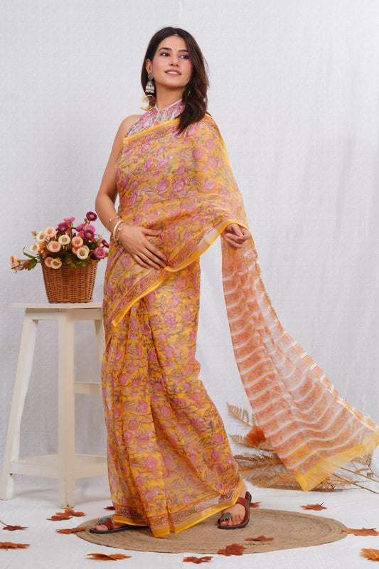 Elegant Handblock Kota Doriya Saree with Dabu Print