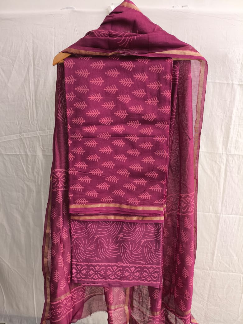 Hand Block Chanderi Silk Suit Material Set