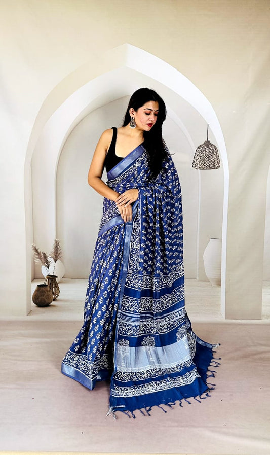 Traditional Indian Bagru Print Linen Cotton Saree