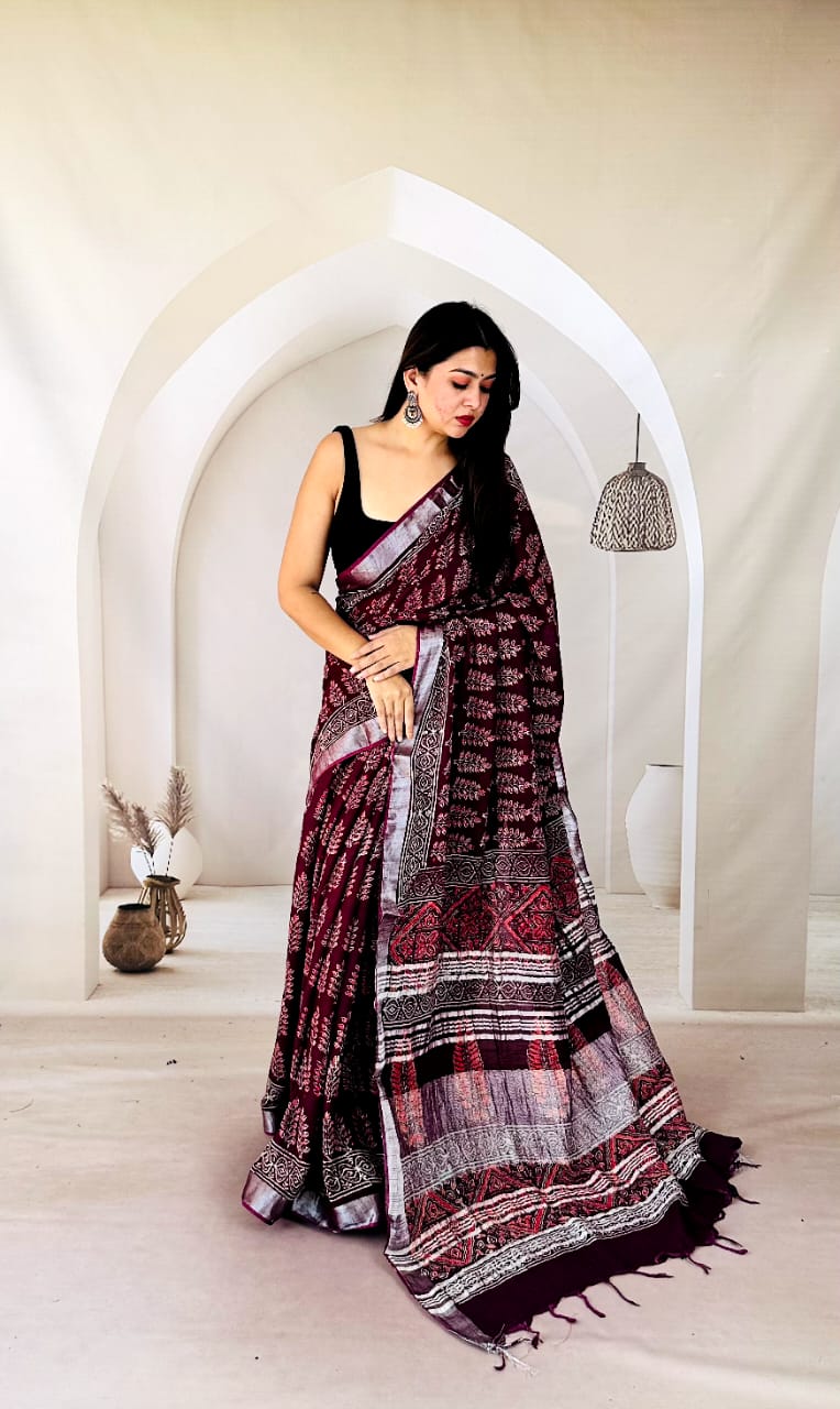 Natural Linen Saree with Eco-Friendly Vegetable Prints