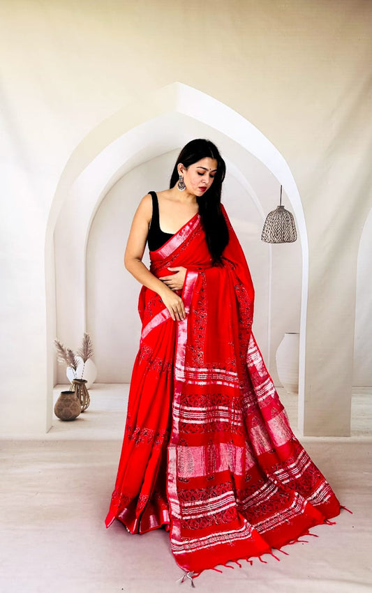 Bagru Hand Block Printed Cotton Linen Saree for Women