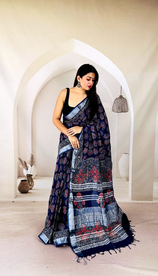 Handmade Natural Dye Linen Saree with Blouse