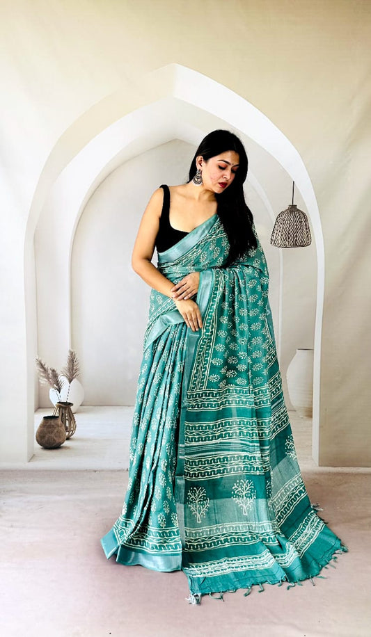Cotton Linen Saree with Handcrafted Block Print Design