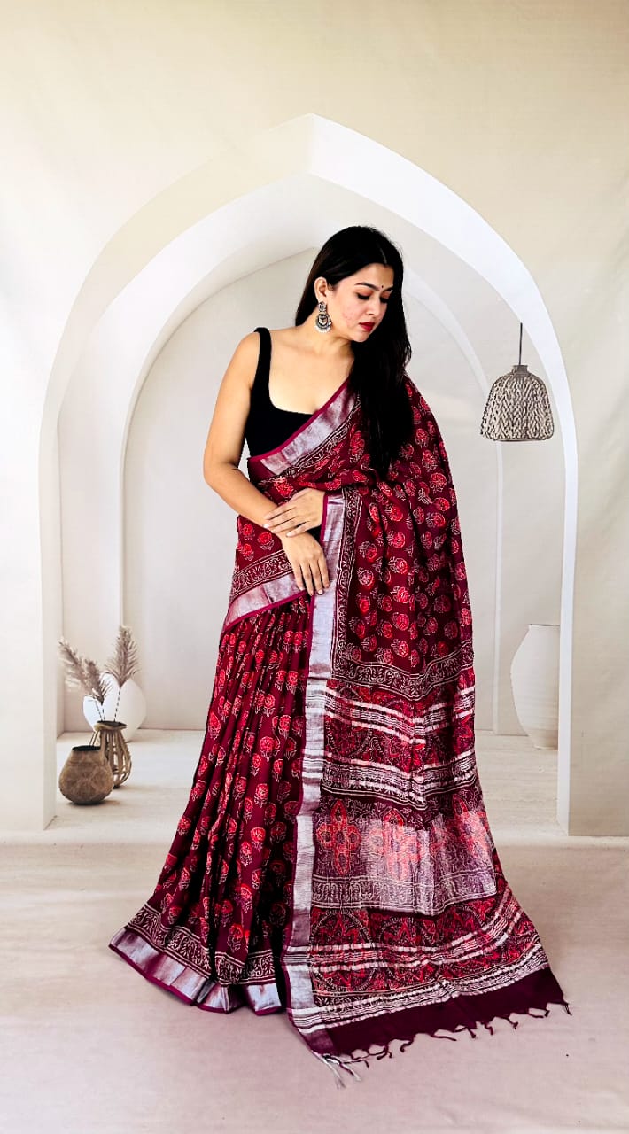 Festive Collection Linen Cotton Slub Saree with Blouse