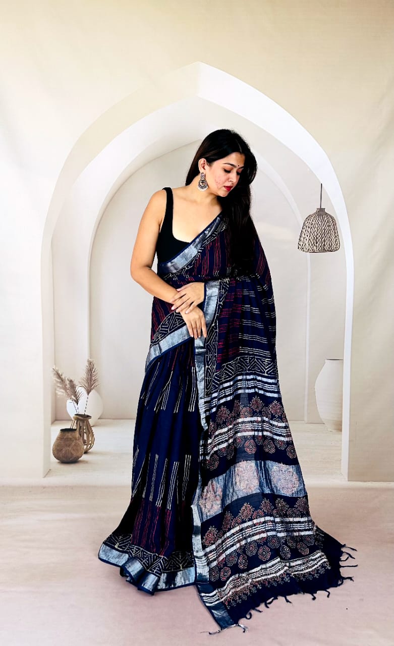 Natural Color Linen Cotton Saree – Bagru Art Style