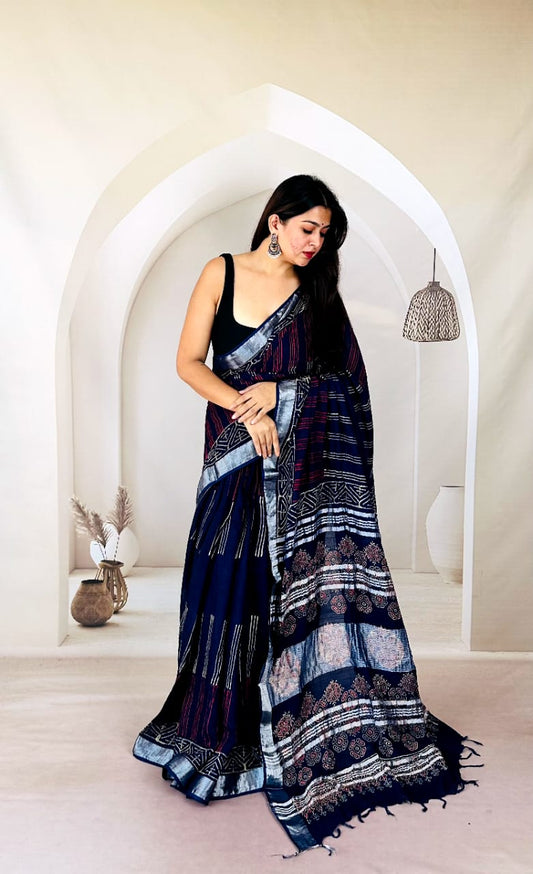 Natural Color Linen Cotton Saree – Bagru Art Style