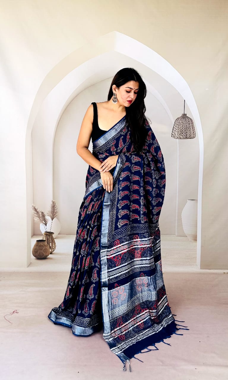 Natural Dyed Linen Saree – Soft & Skin-Friendly Fabric