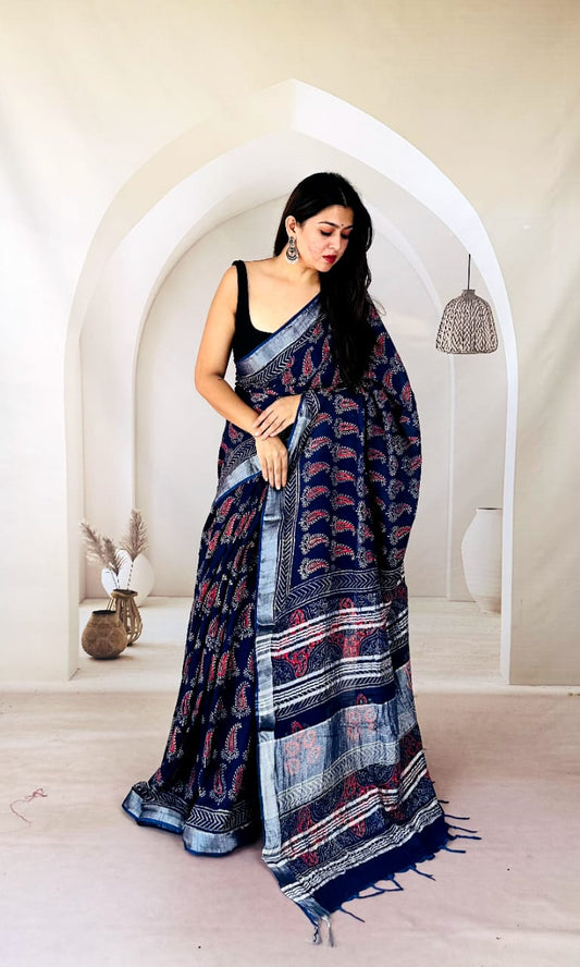 Natural Dyed Linen Saree – Soft & Skin-Friendly Fabric