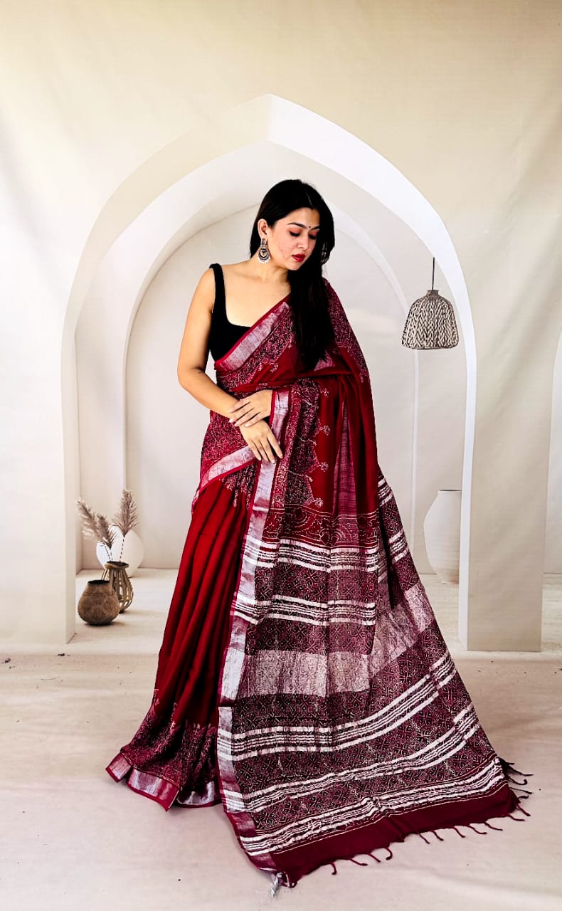 Hand Block Print Cotton Saree with Matching Blouse