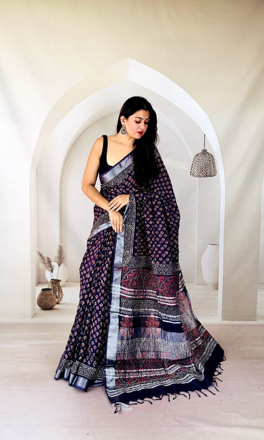 Designer Bagru Print Linen Saree for Women