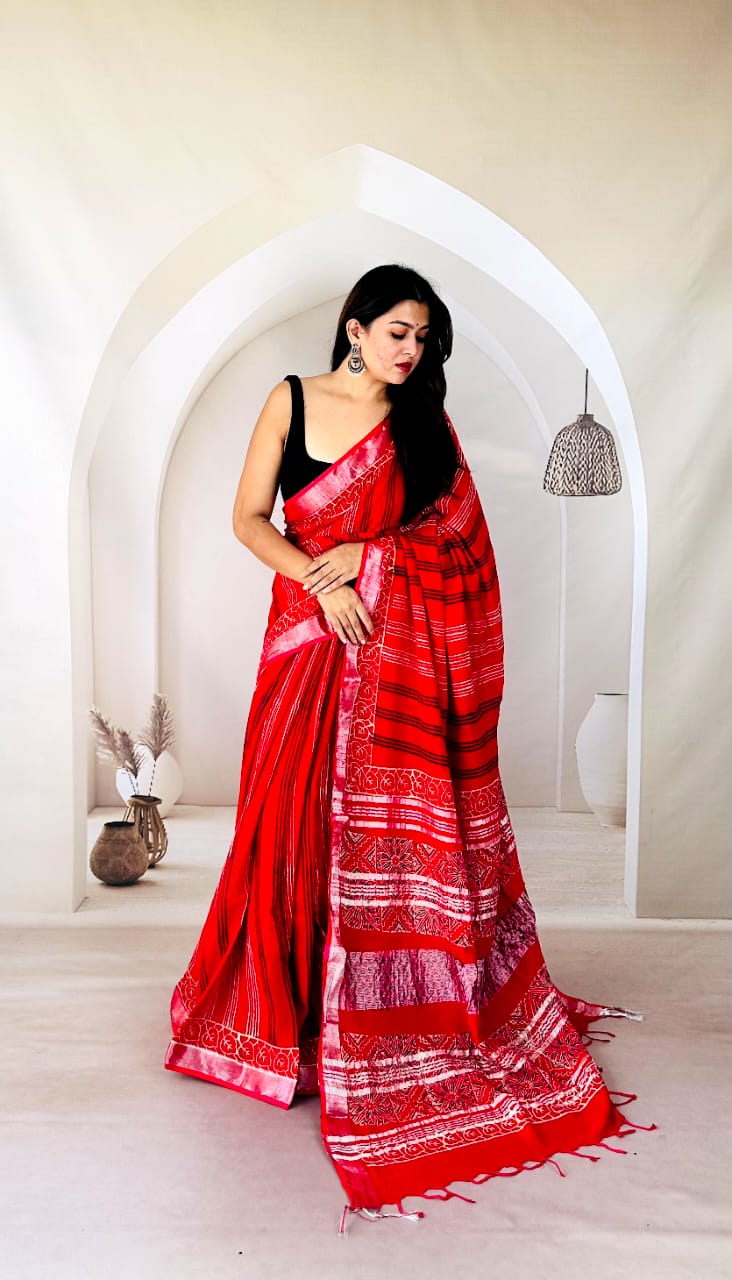 Elegant Handcrafted Bagru Printed Saree in Cotton Slub