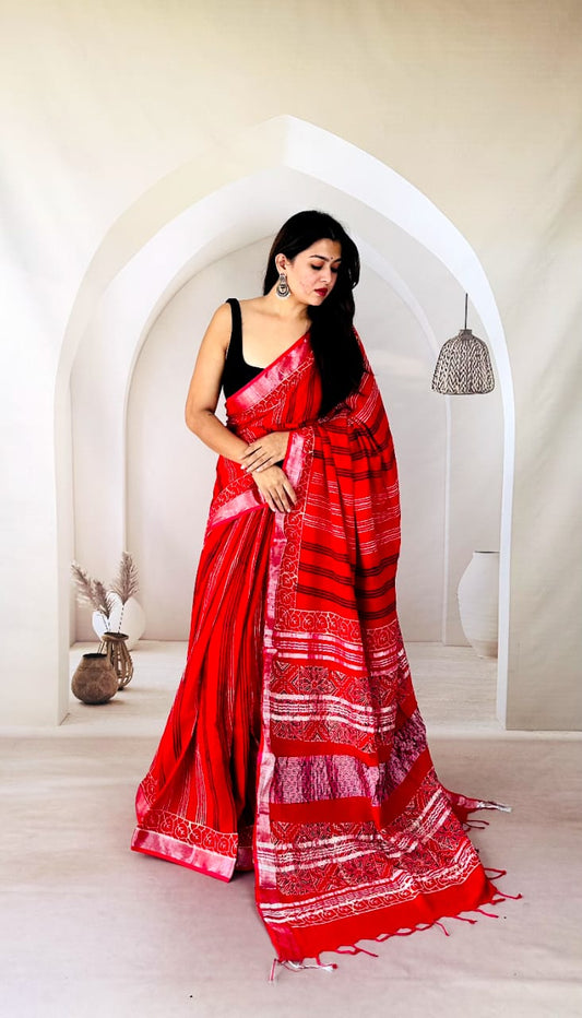 Elegant Handcrafted Bagru Printed Saree in Cotton Slub