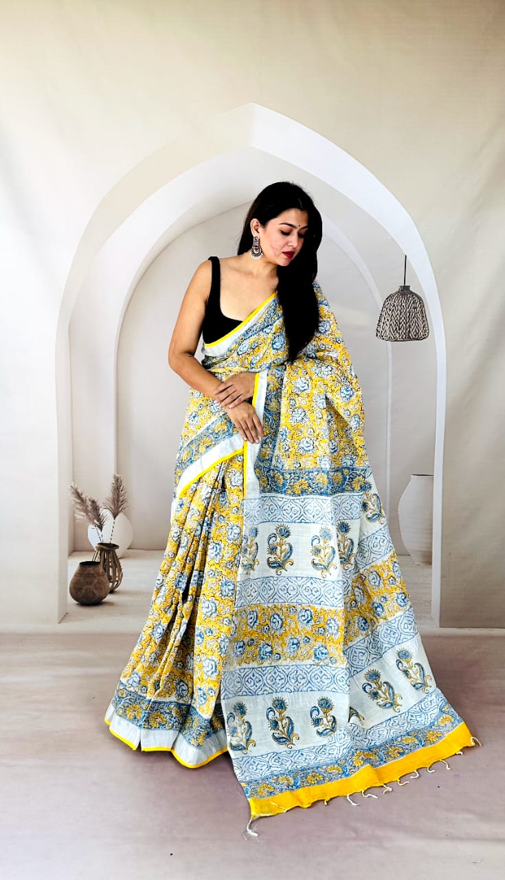 Bagru Print Linen Cotton Slub Saree – Natural Vegetable Dye