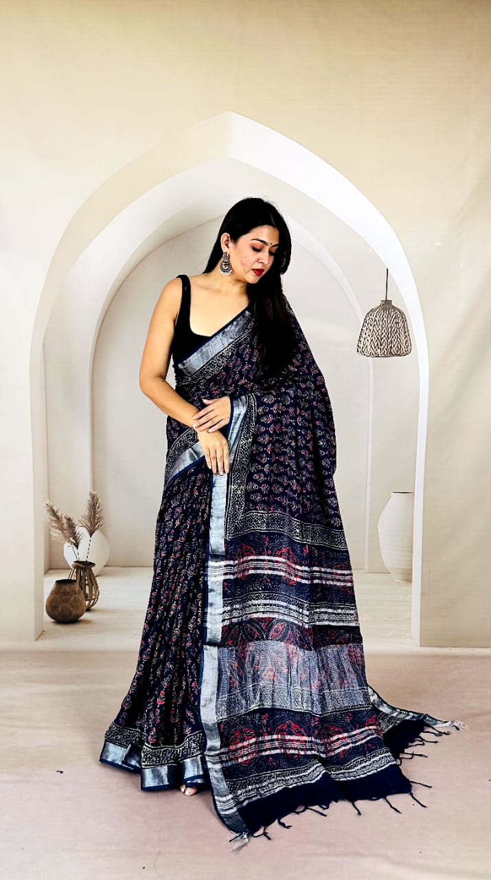 Hand Block Printed Soft Linen Cotton Saree with Blouse