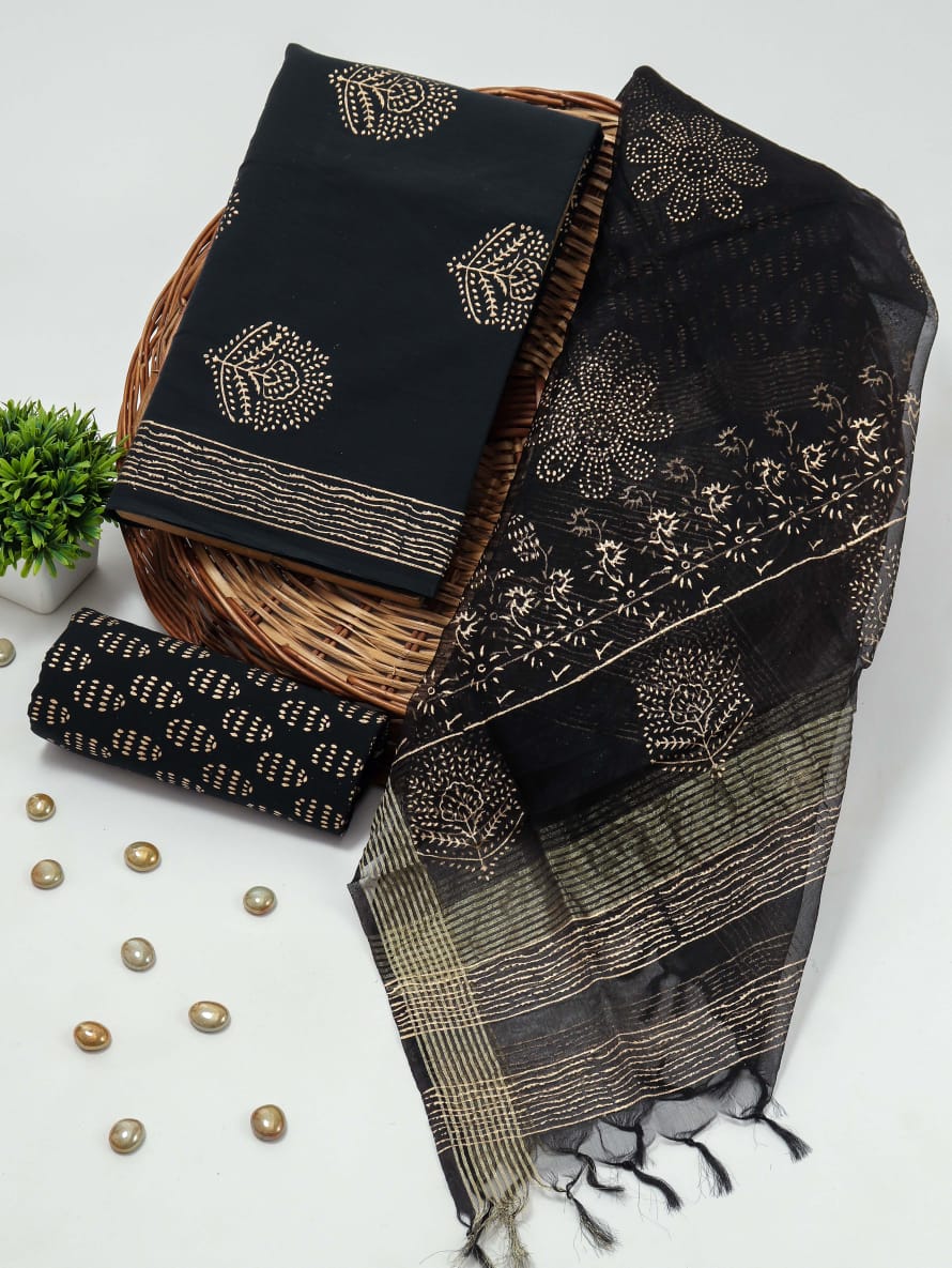 Black Color Cotton Suit with Fancy Organza Dupatta for Women