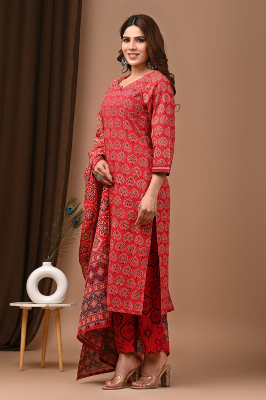 Ajrakh Print Cotton Suit Sets with Dupatta
