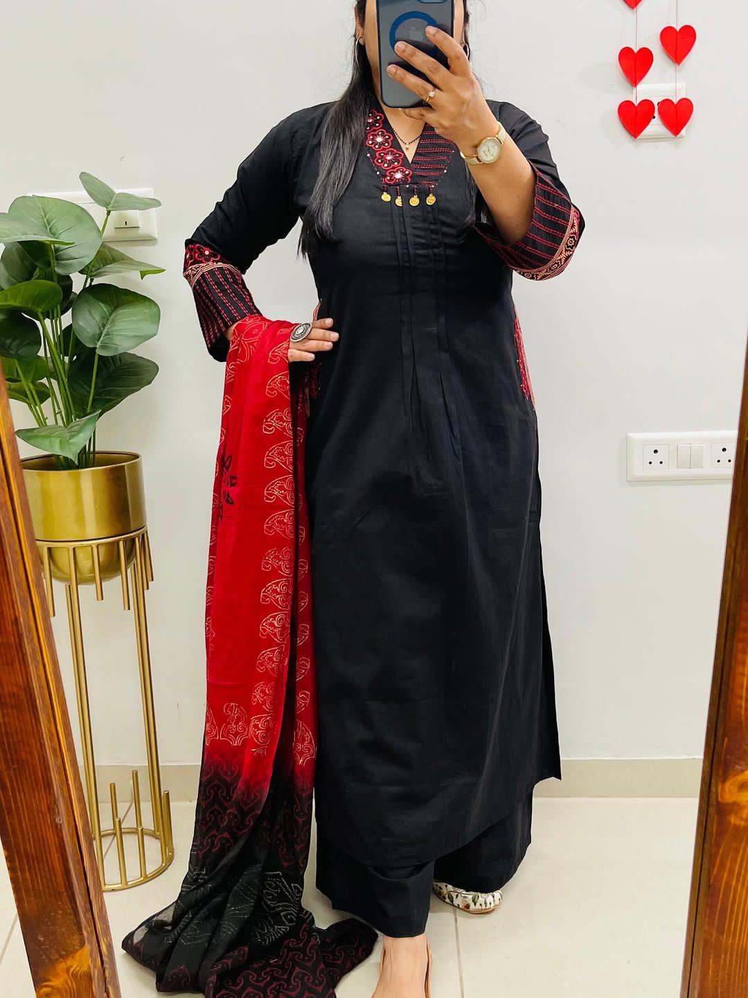 Black kurti pant with neck work printed dupatta
