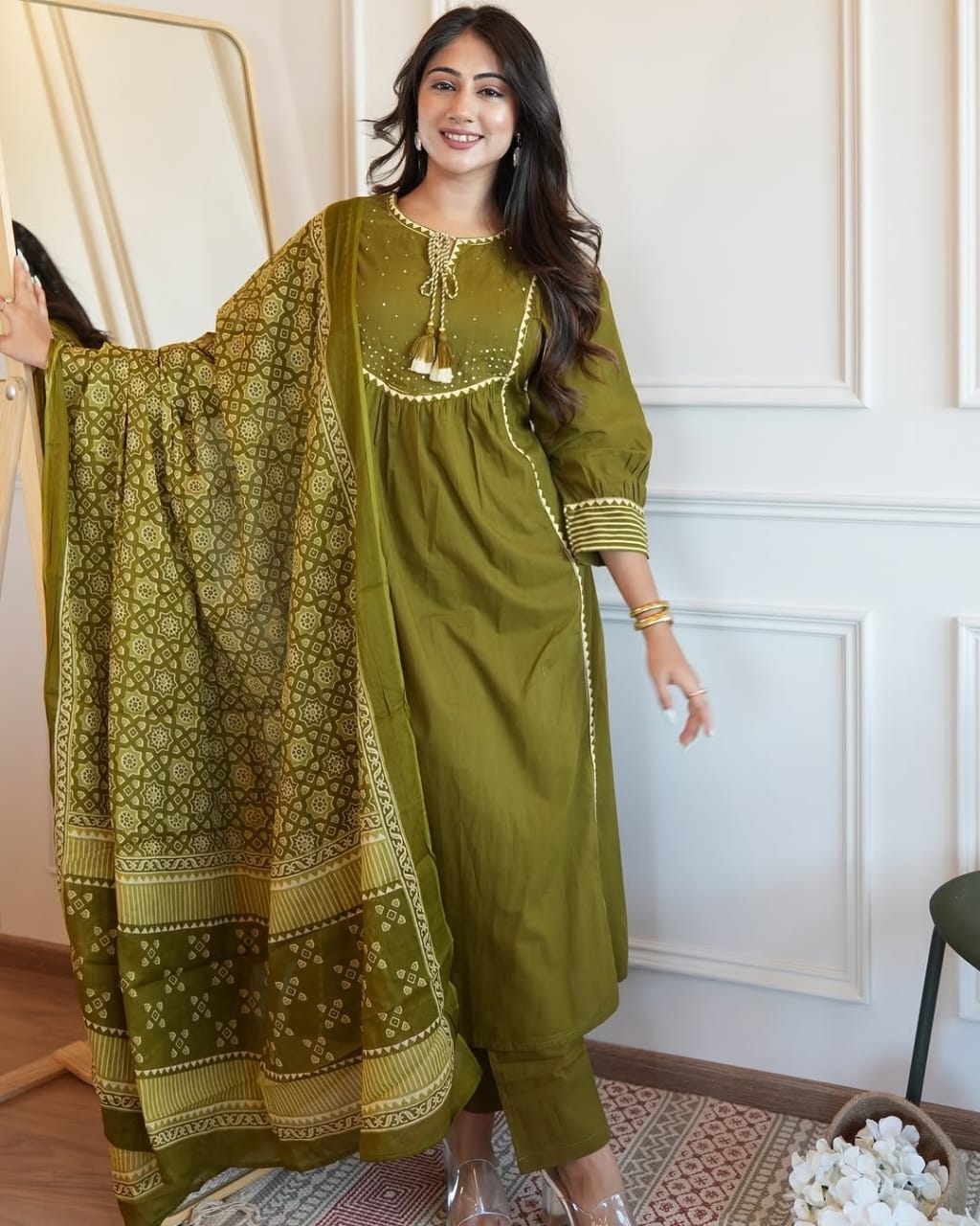 Green Kurti pant with hand work