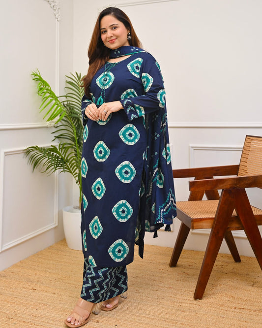 blue premium cotton Bandhej tie-dye suit set