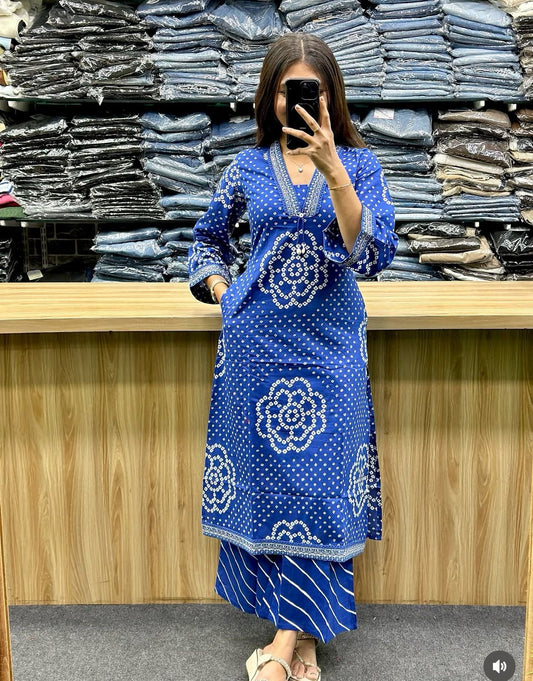 Blue bandhej print cotton kurti pant
