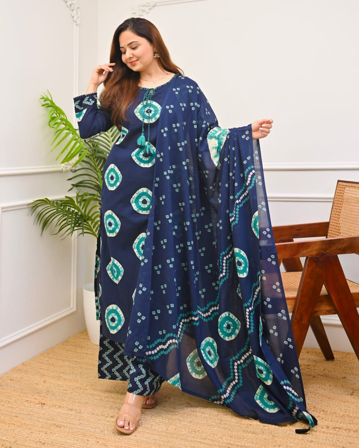 blue premium cotton Bandhej tie-dye suit set