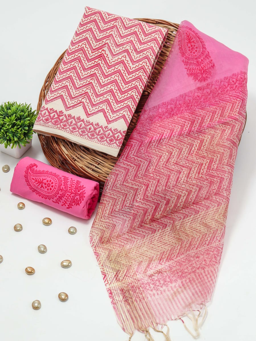 Pink  Cotton Suits with Organza Dupatta for Daily & Festive Wear