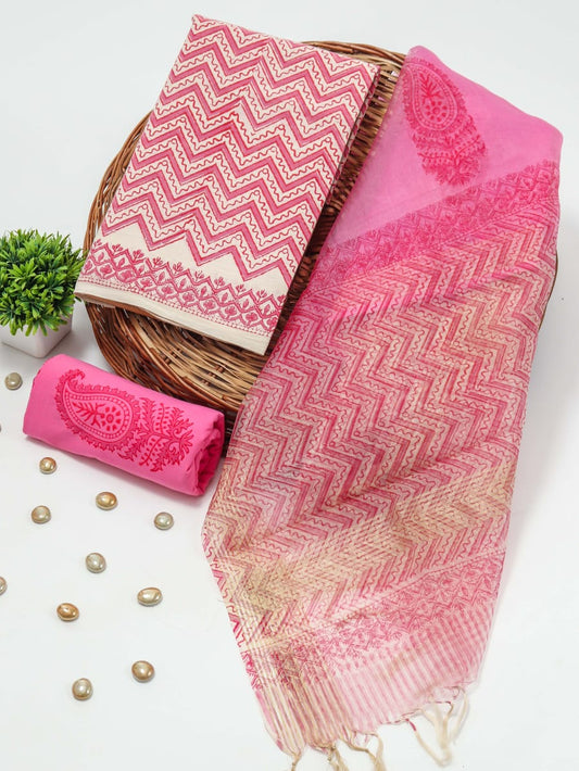 Pink  Cotton Suits with Organza Dupatta for Daily & Festive Wear