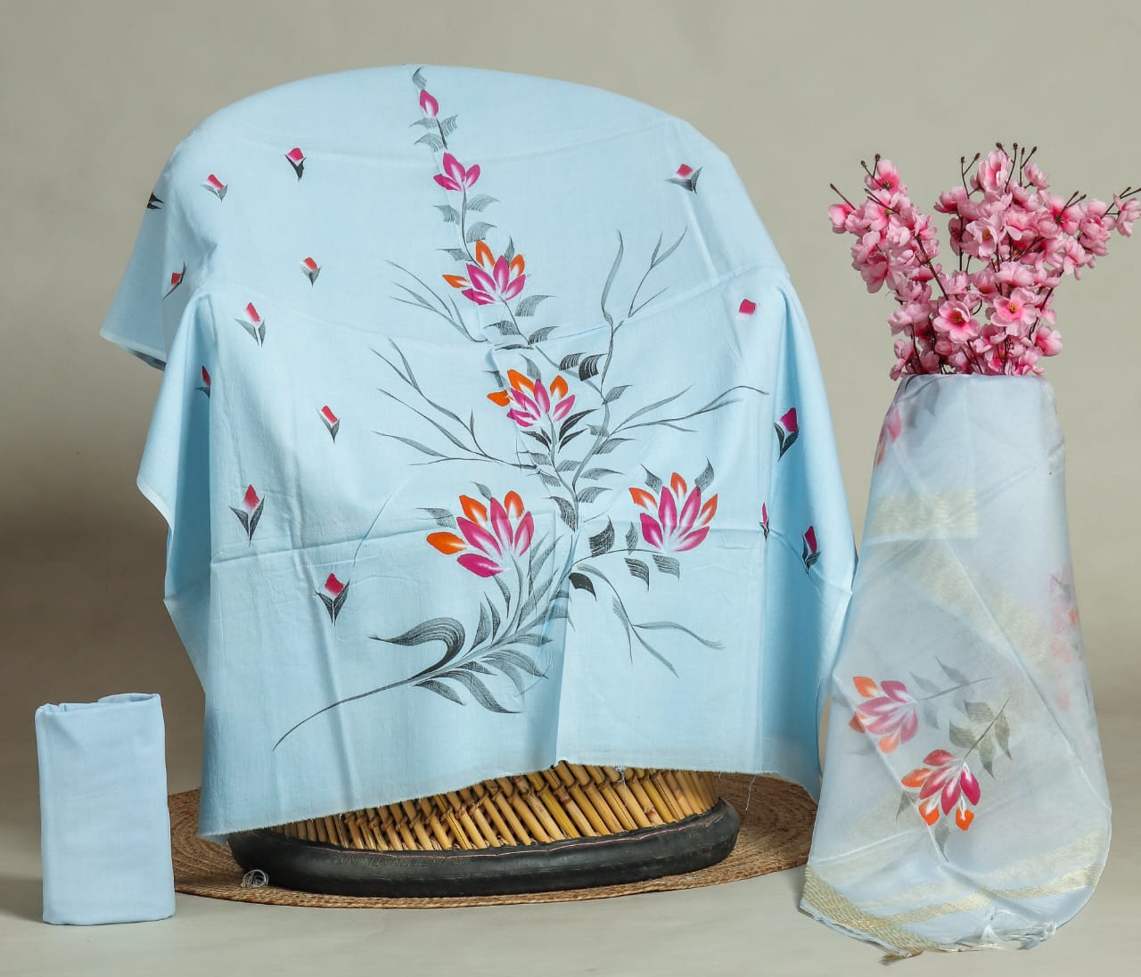 Light Blue Cotton Suit with Organza Dupatta – VimuSarees