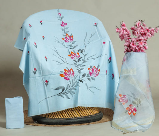 Light Blue Cotton Suit with Organza Dupatta – VimuSarees