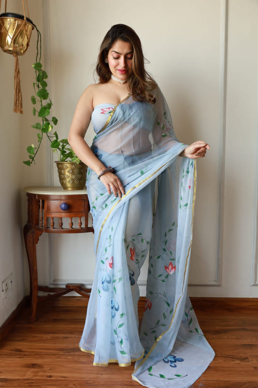 Summer Breeze Chiffon Saree – Hand-Brushed Art with Zari Elegance