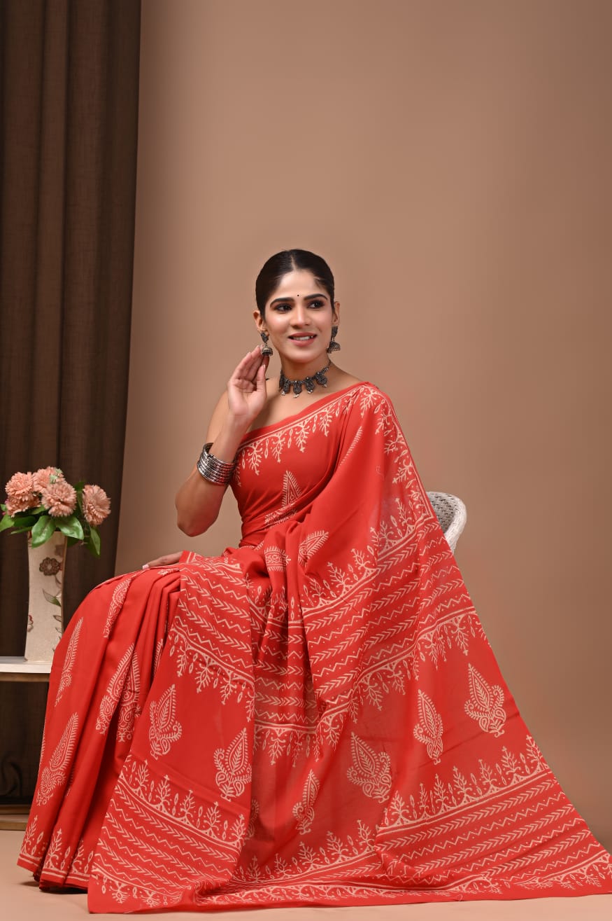 Hand-detailed mul cotton saree with cultural prints.