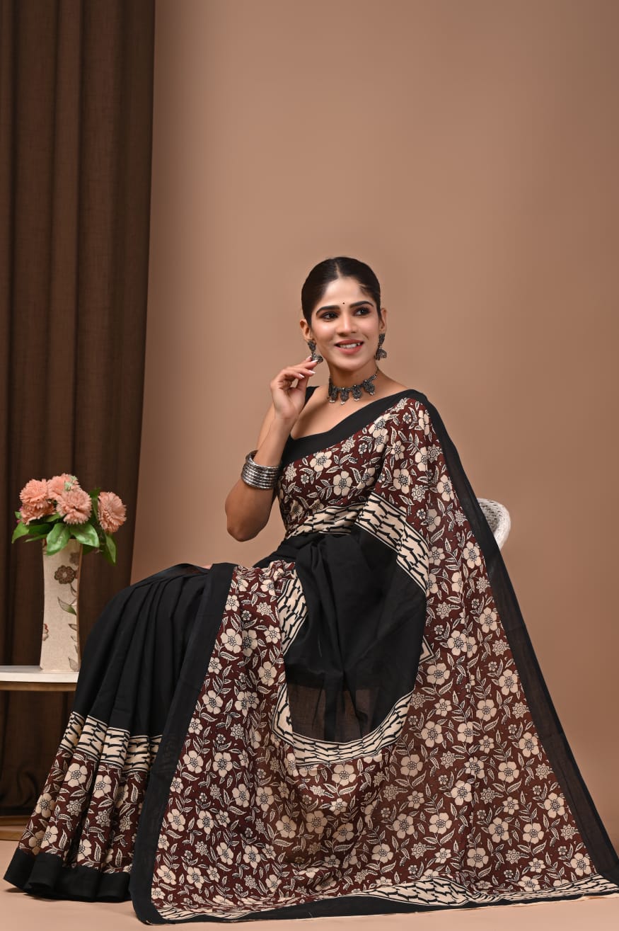 Pure cotton mul saree with natural hand printed.