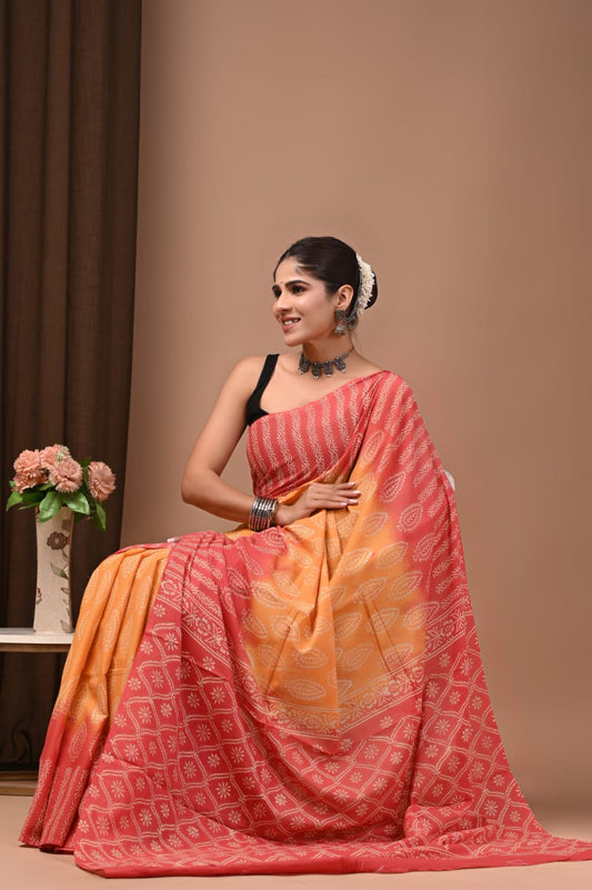 Everyday elegance cotton saree with breathable mulmul fabric.