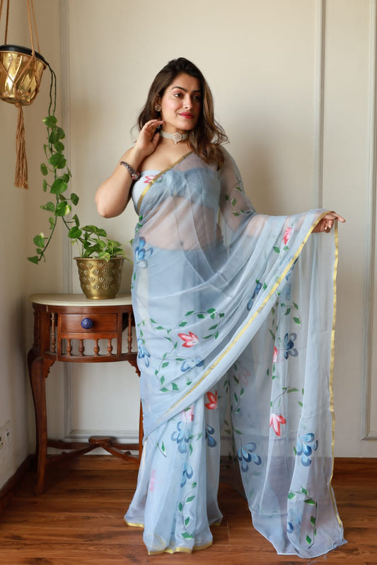 Summer Breeze Chiffon Saree – Hand-Brushed Art with Zari Elegance