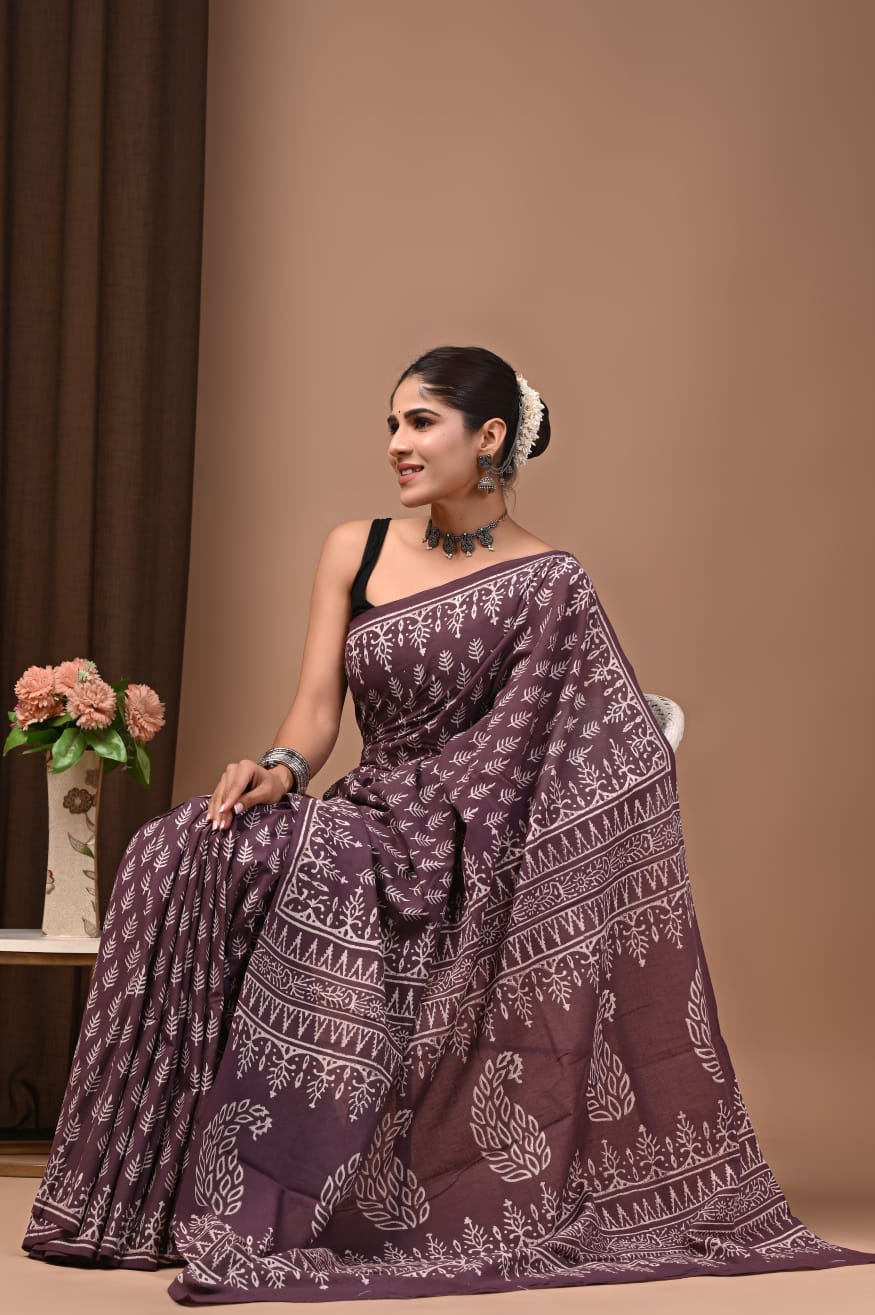 Traditional hand block printed cotton saree in style.