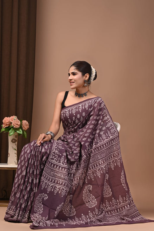 Traditional hand block printed cotton saree in style.