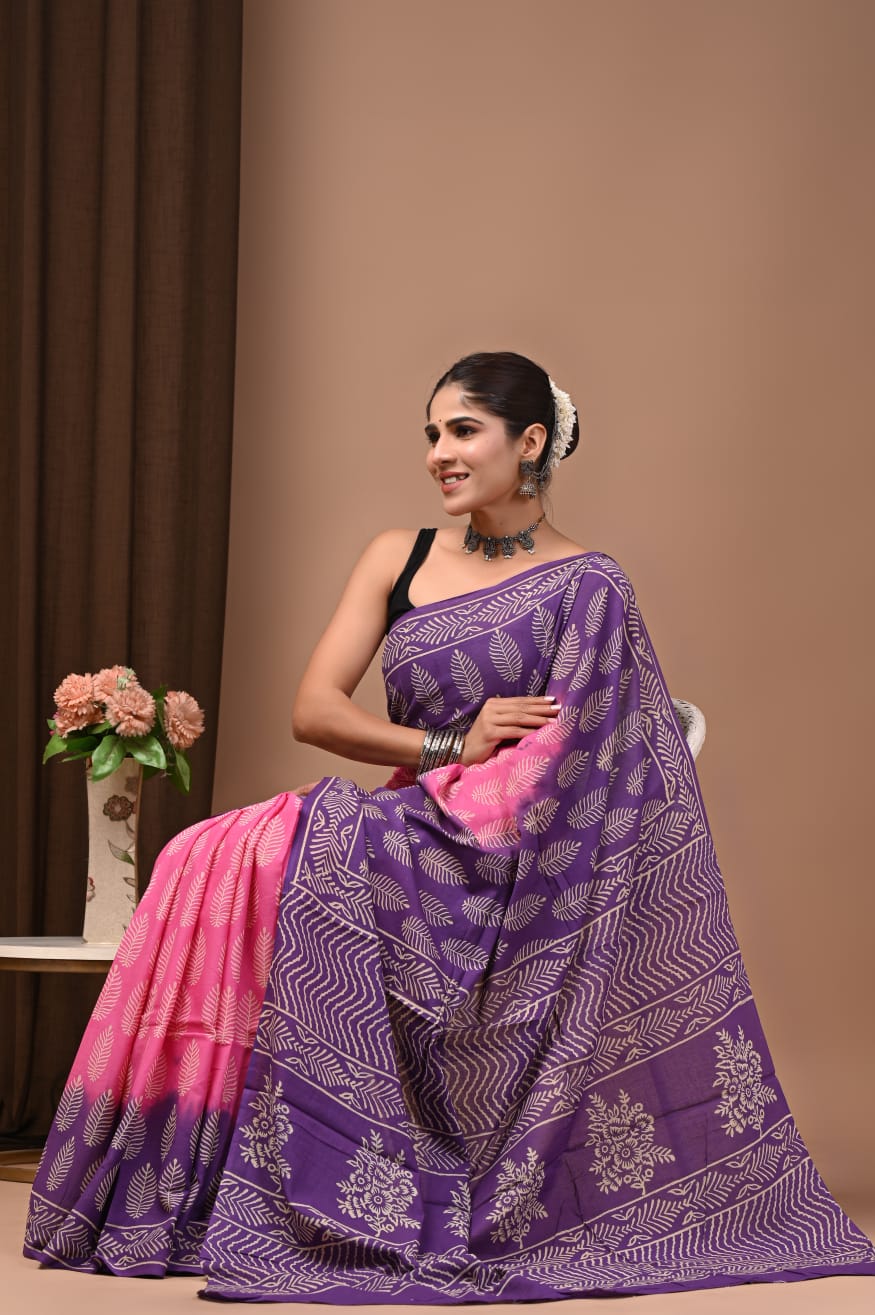 Delightful printed mulmul cotton saree, naturally dyed fabric.