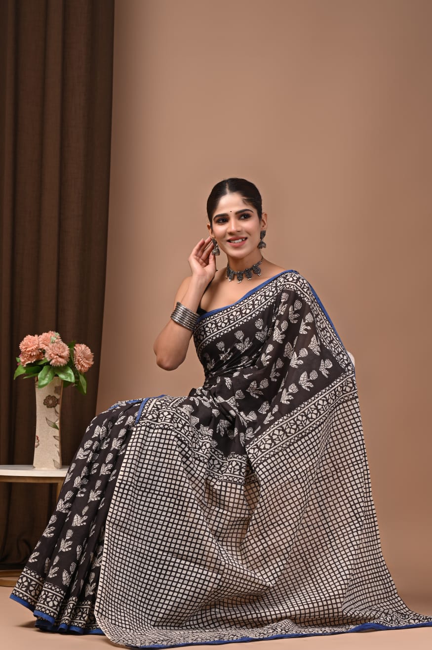 Eco-conscious hand block cotton mul saree with blouse.