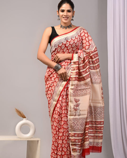 Red Print Maheswari silk sarees with blouse