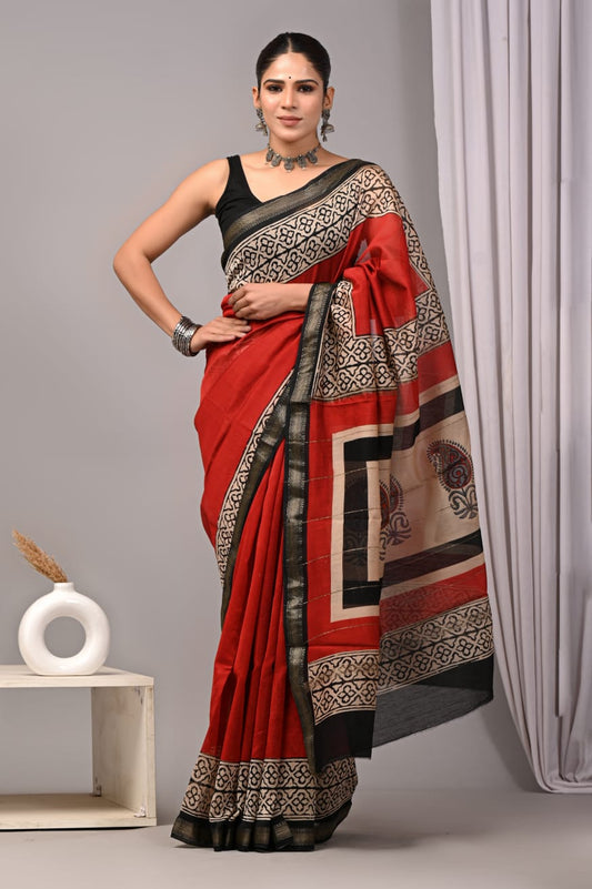 Reddish Brown Floral Motif Maheshwari Saree – Pure Silk Blend with Pallu