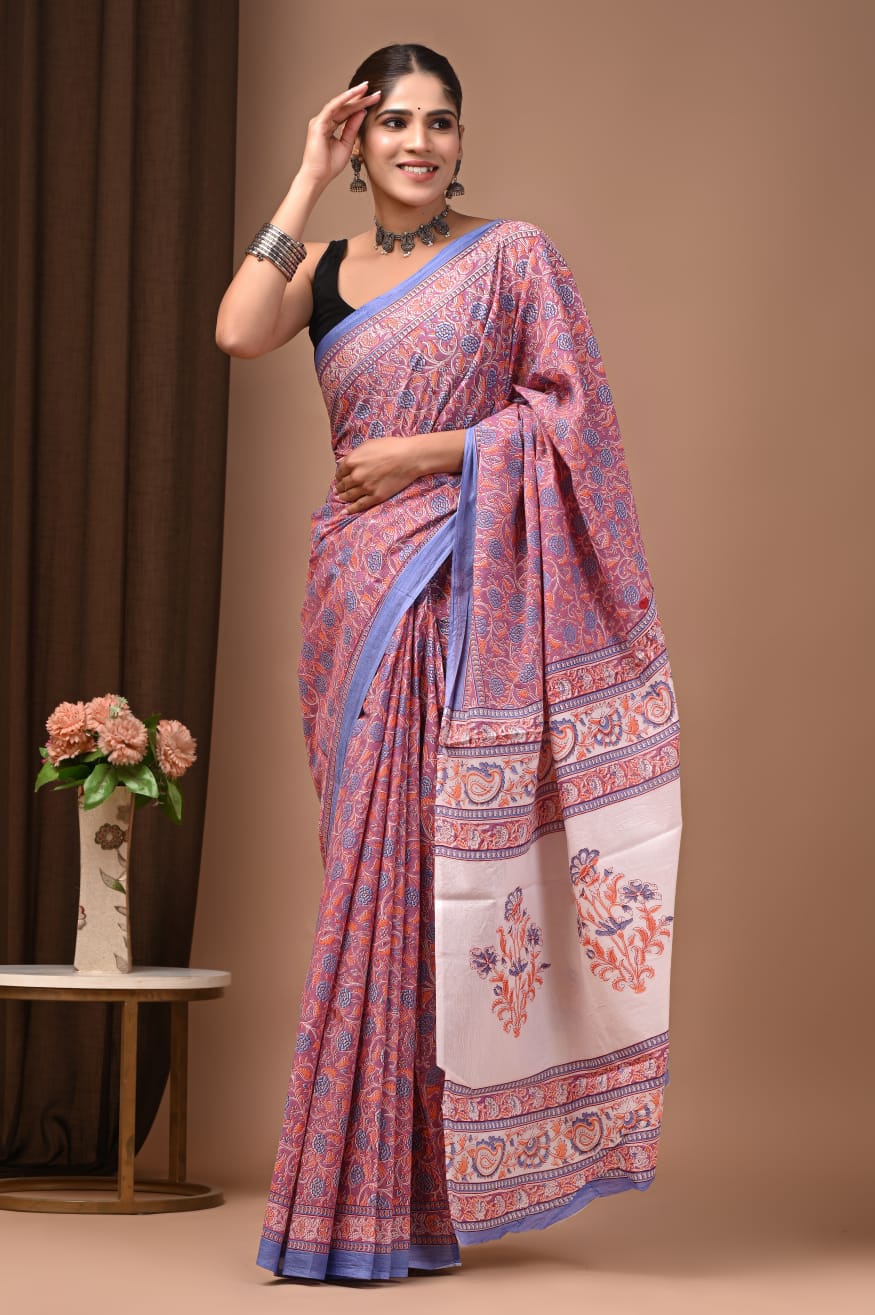 Hand block printed cotton saree in natural hues.