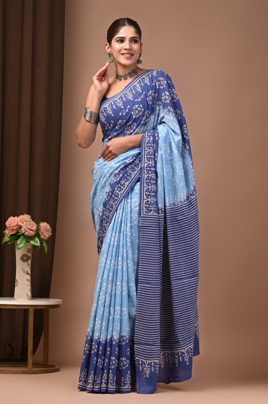 Comfortable breathable cotton saree, hand block mul fabric.