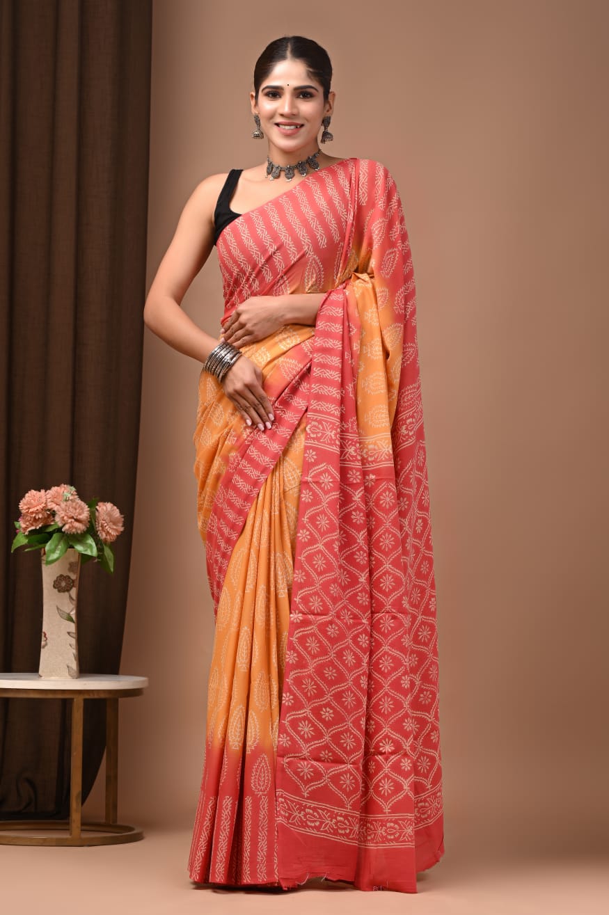 Effortless chic cotton mul saree, soft flowy weave.