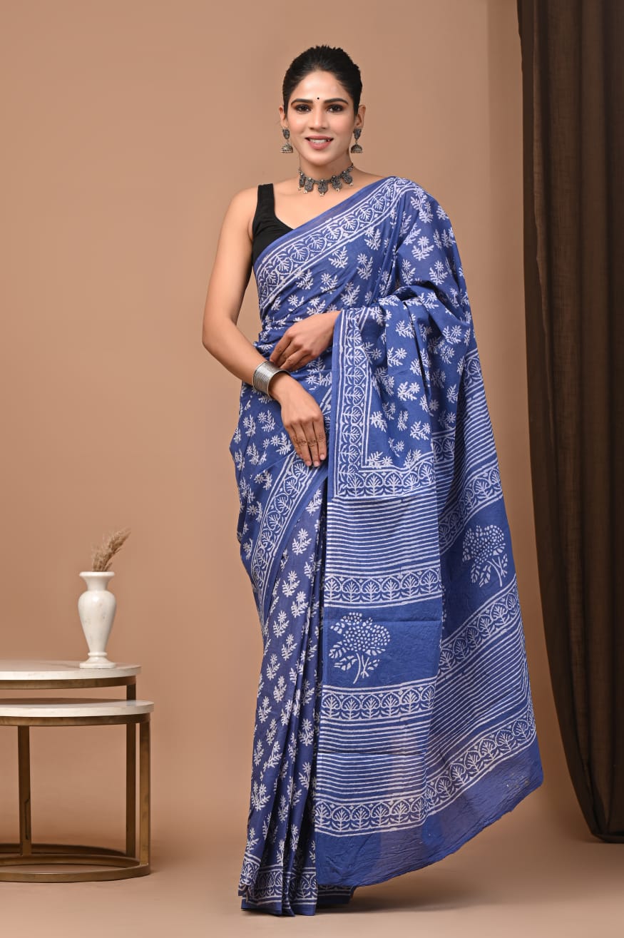 Natural dye cotton mul saree, eco-friendly choice.