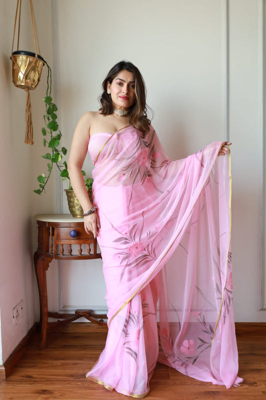 Designer Chiffon Saree with Zari Work and Blouse Piece