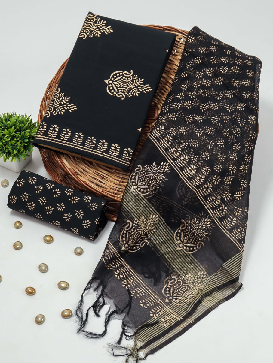 Black Color Cotton Suit with Fancy Organza Dupatta for Women