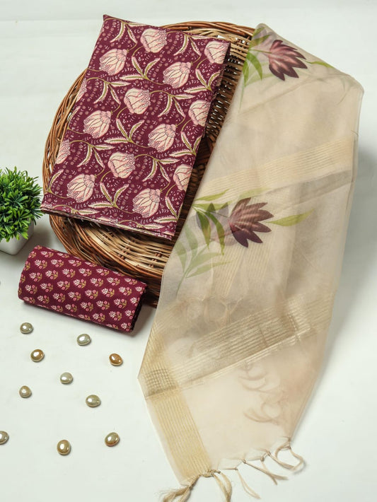 Cotton Suit Set with Organza Dupatta for Office & Daily Wear